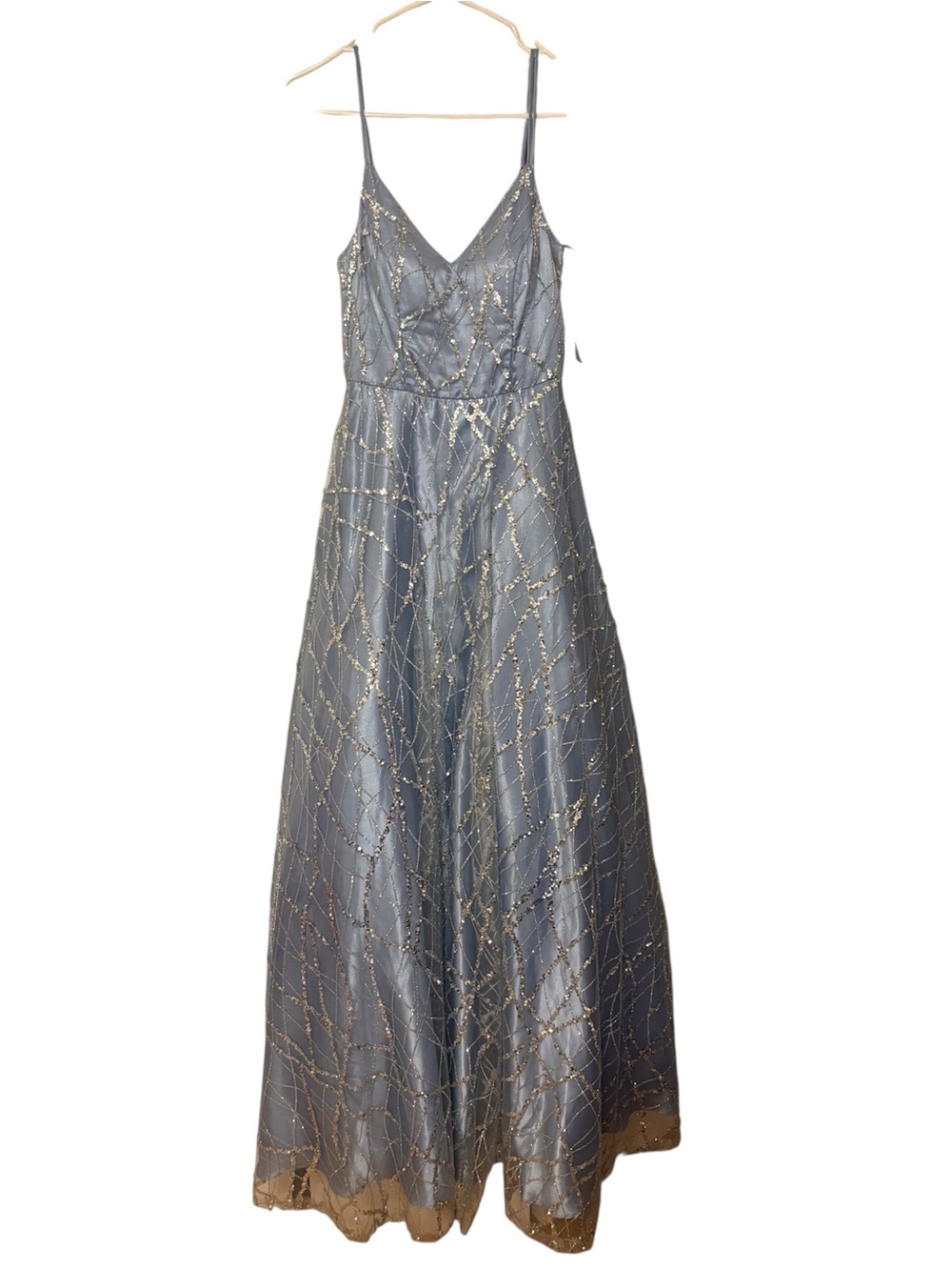 Elegant Silver-Blue Sequin Spaghetti Strap Evening Dress